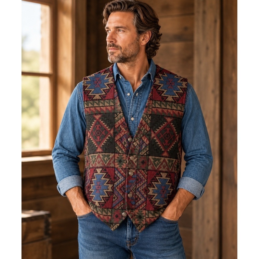 Vintage Orvis Tapestry Vest Mens L USA Southwestern Western Aztec Ranch